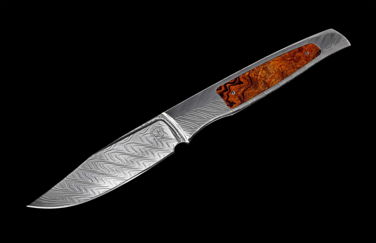 Sedona Fixed-blade damascus knife inlaid with desert ironwood