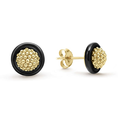 Meridian 18K Gold Caviar and Black Ceramic Stud Earrings