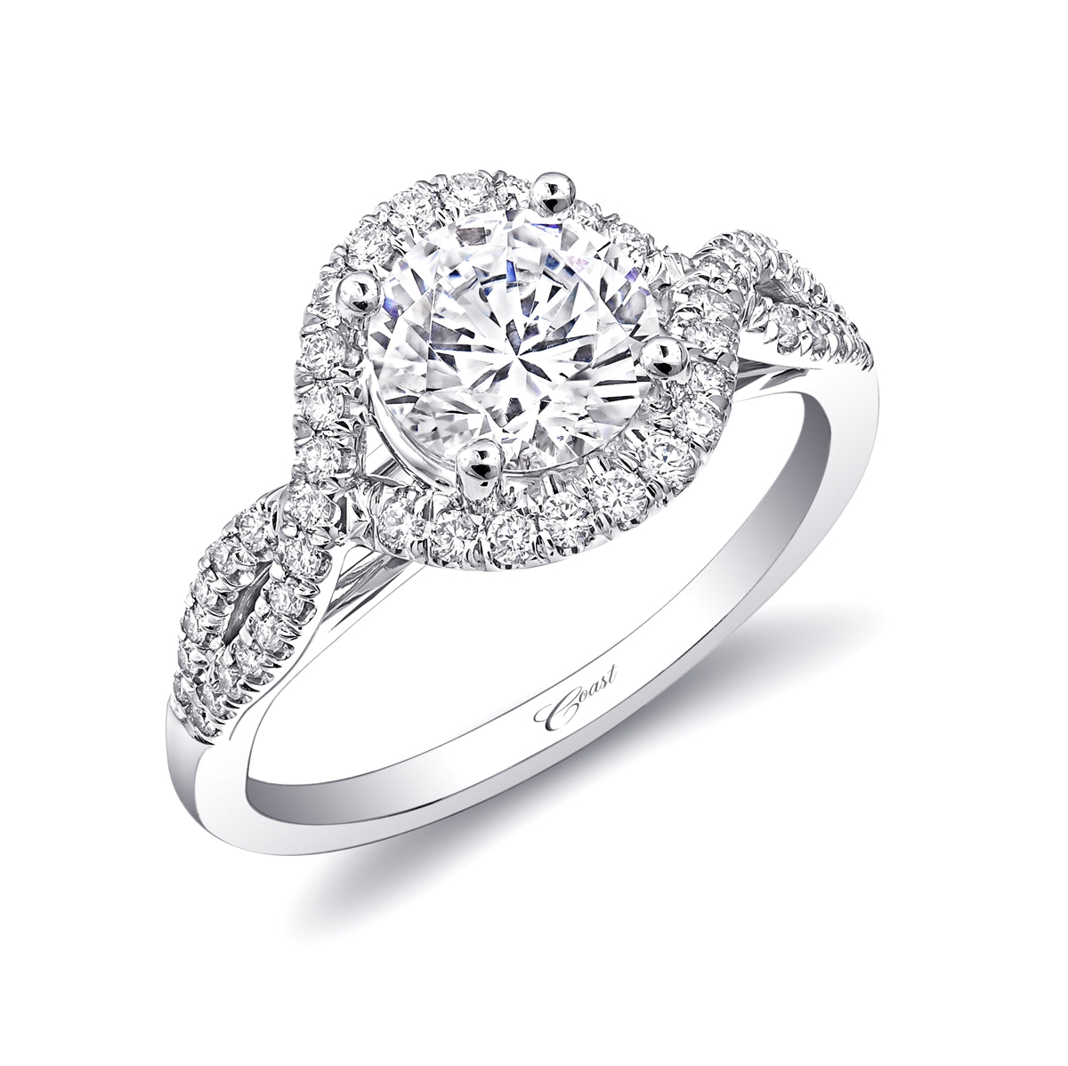 14K White Gold Twisted Shank and Diamond Halo Semi Mount Engagement Ring