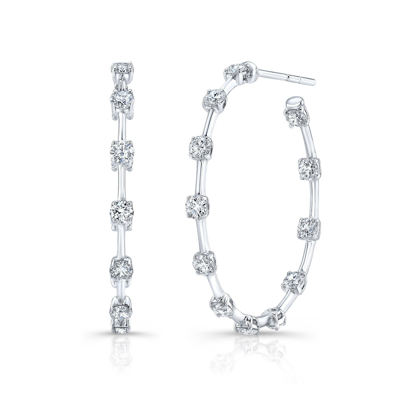 Round Diamond Station Hoop Earrings in 18kt White Gold