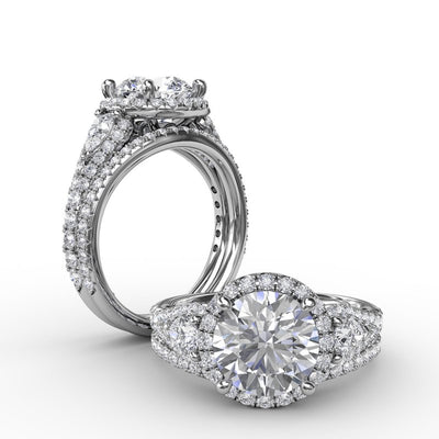 Three-Stone Round Diamond Halo Engagement Ring