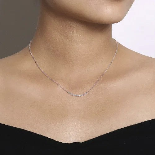 14K White Gold Curved Diamond Bar Necklace