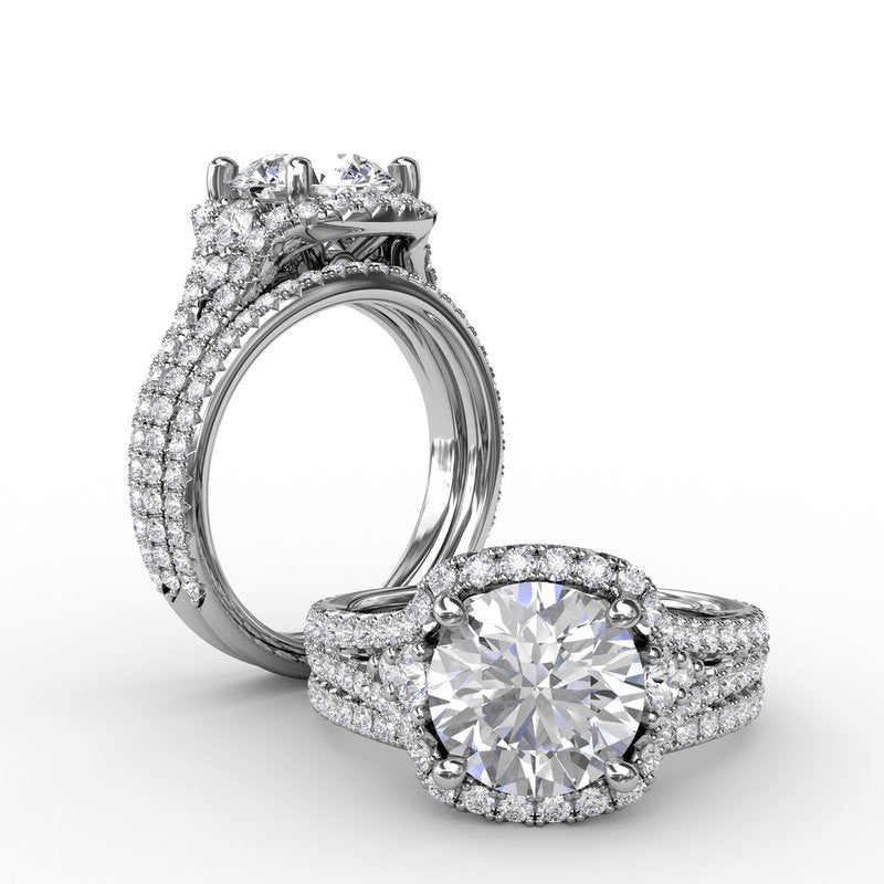 Cushion Halo Engagement Ring With Side Stones and Double-Row Diamond Band