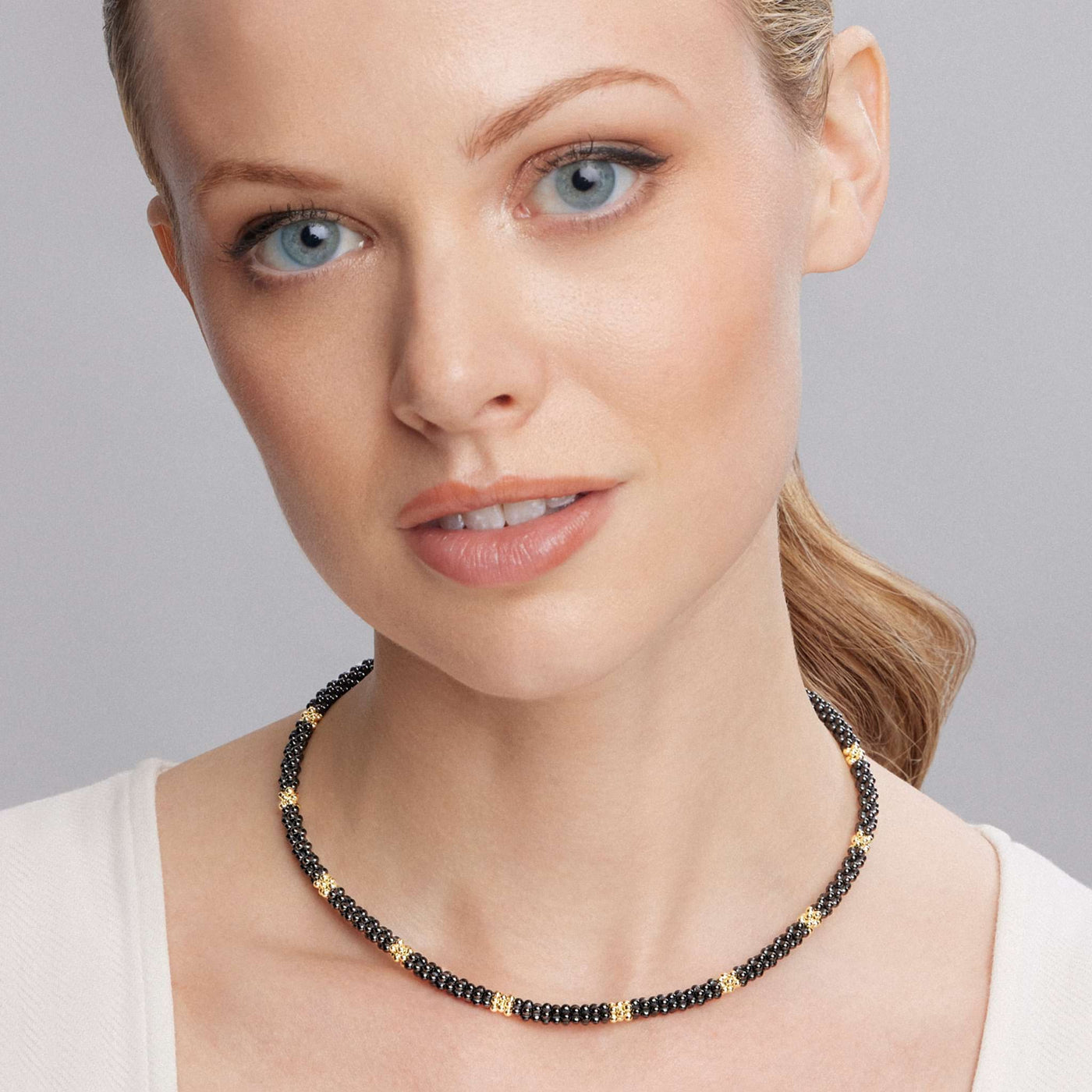 Black Caviar 18K Gold Small Station Ceramic Beaded Necklace | 5mm