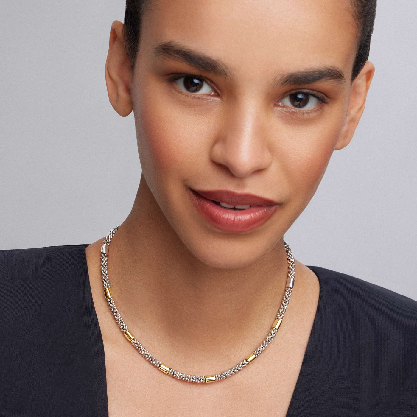 High Bar Two-Tone Station Caviar Necklace | 5mm