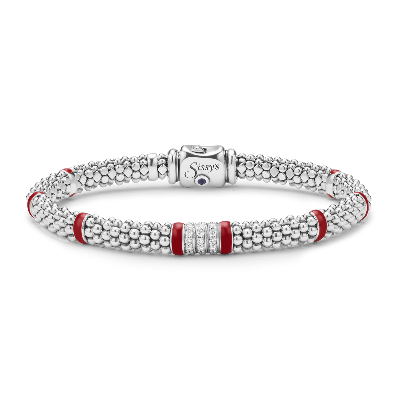 Red Enamel Three Station Diamond Caviar Bracelet | 6mm