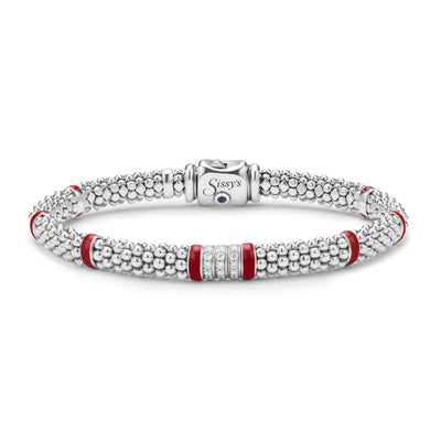 Red Enamel Three Station Diamond Caviar Bracelet | 6mm