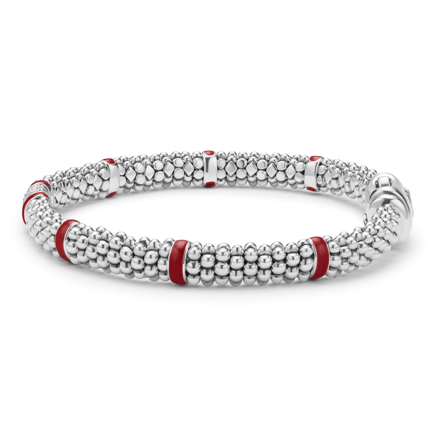 Red Enamel Three Station Diamond Caviar Bracelet | 6mm