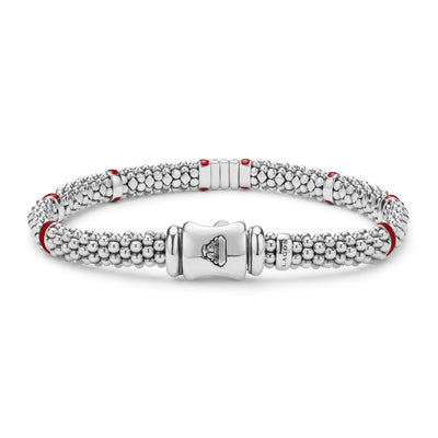 Red Enamel Three Station Diamond Caviar Bracelet | 6mm