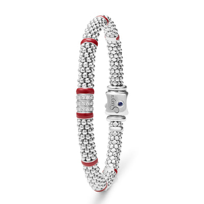 Red Enamel Three Station Diamond Caviar Bracelet | 6mm