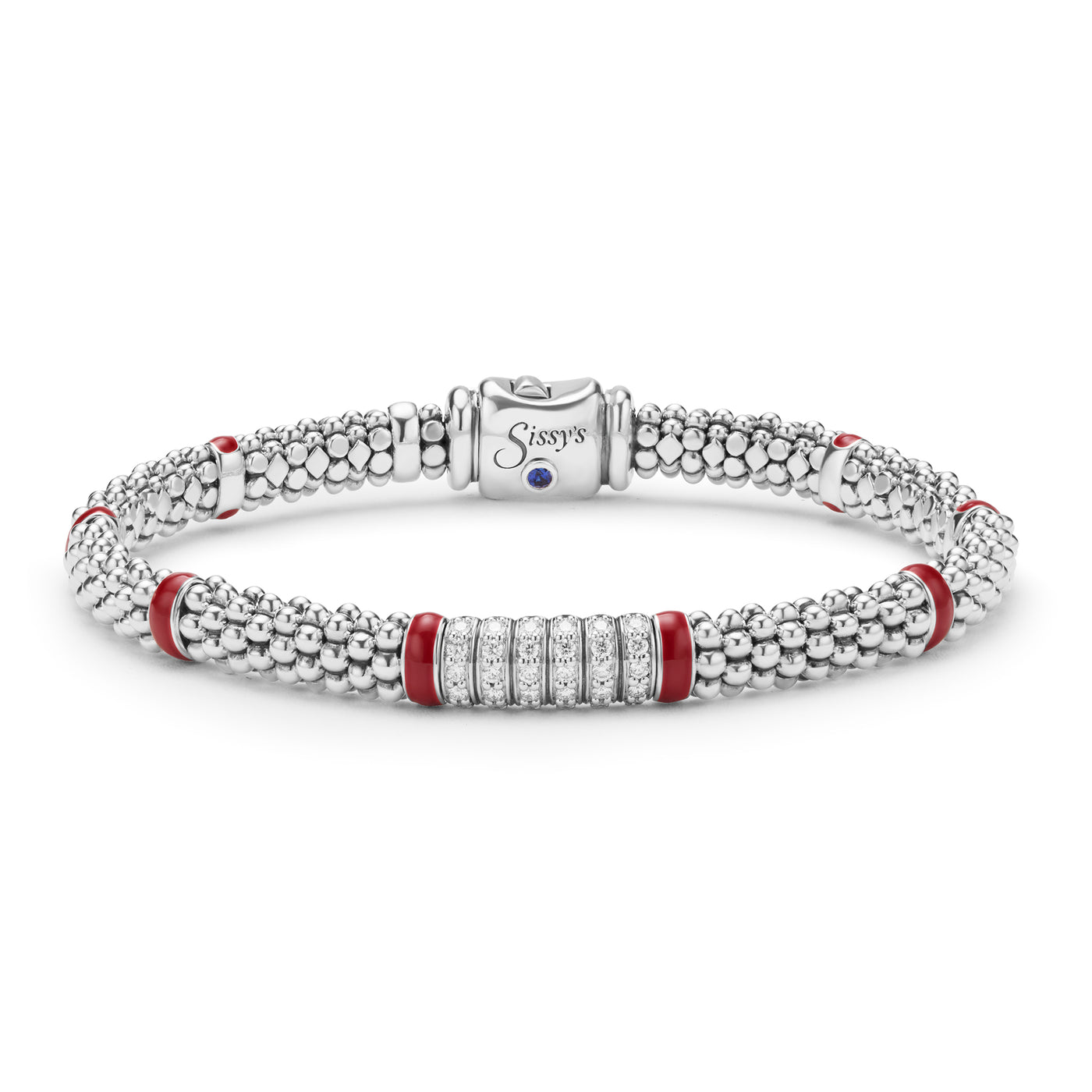 Red Enamel Six Station Diamond Caviar Bracelet | 6mm