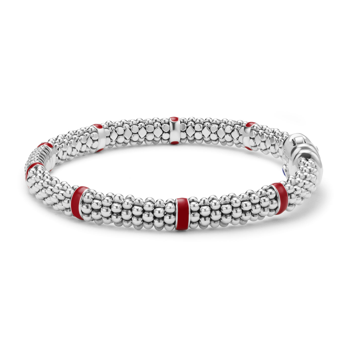 Red Enamel Six Station Diamond Caviar Bracelet | 6mm