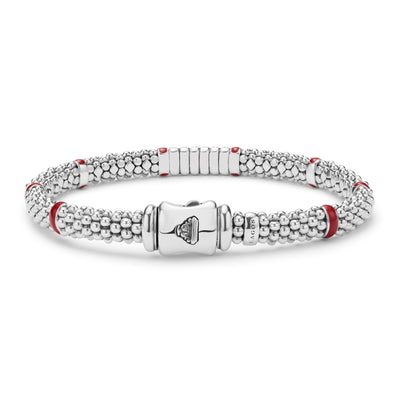 Red Enamel Six Station Diamond Caviar Bracelet | 6mm