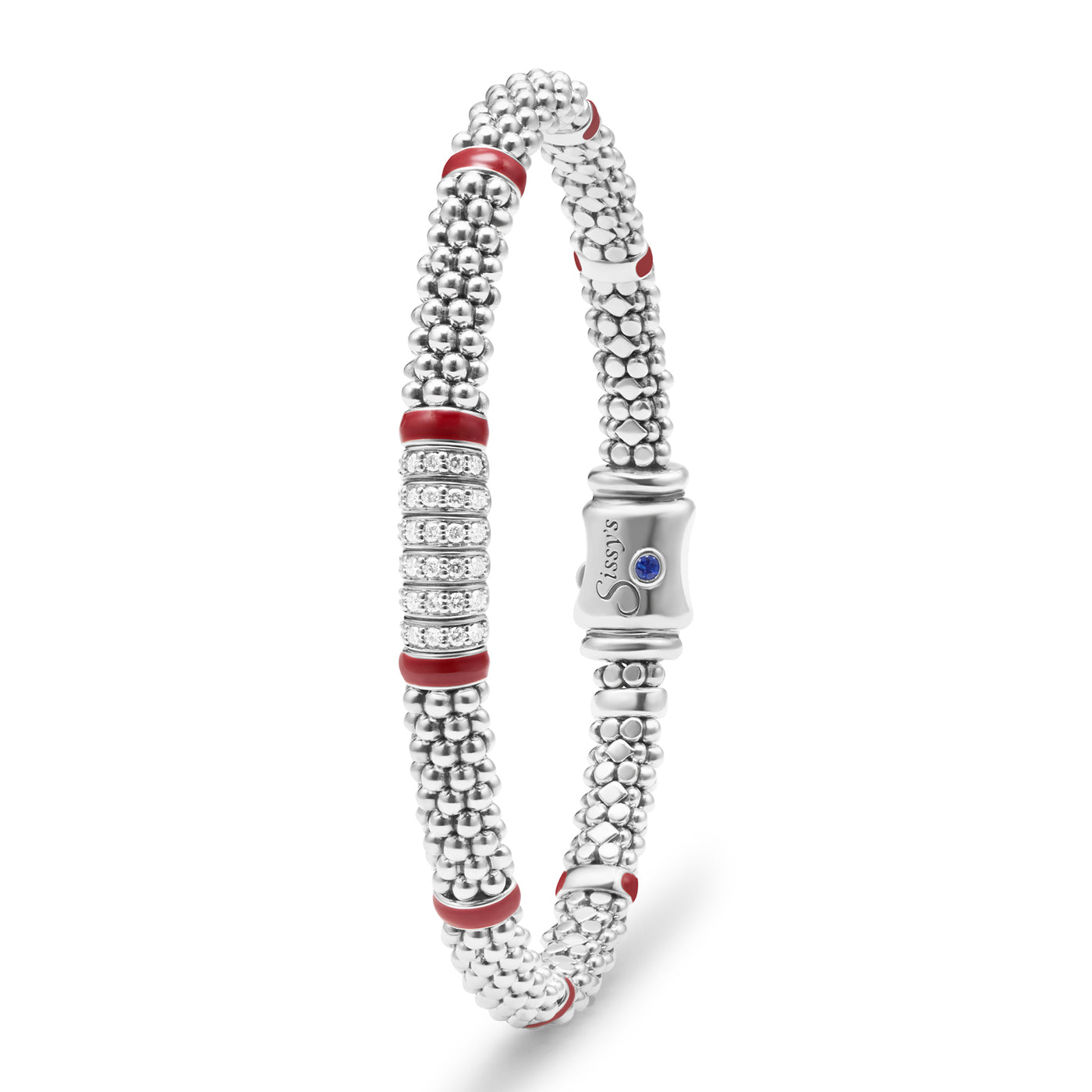 Red Enamel Six Station Diamond Caviar Bracelet | 6mm