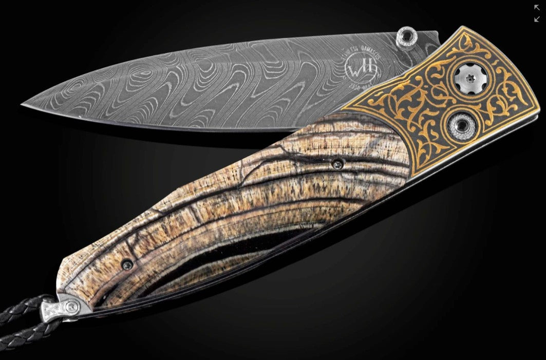 Golden Eye Folding knife with inlaid 24K gold, fossil woolly mammoth tusk, and damascus