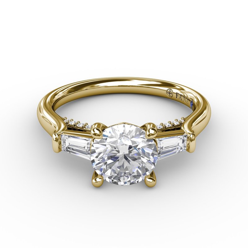 Three-Stone Round Diamond Engagement Ring With Bezel-Set Baguettes