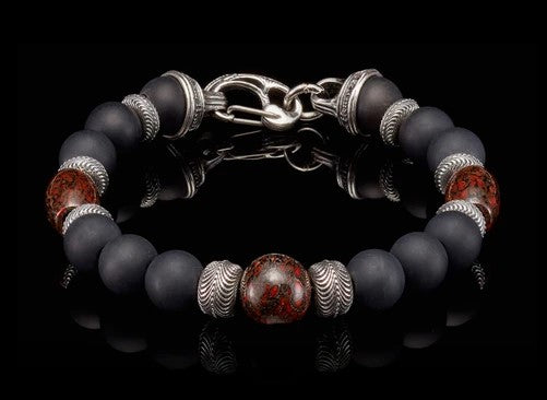 Magma, Beaded bracelet with Sterling silver, fossil dinosaur bone, and black onyx