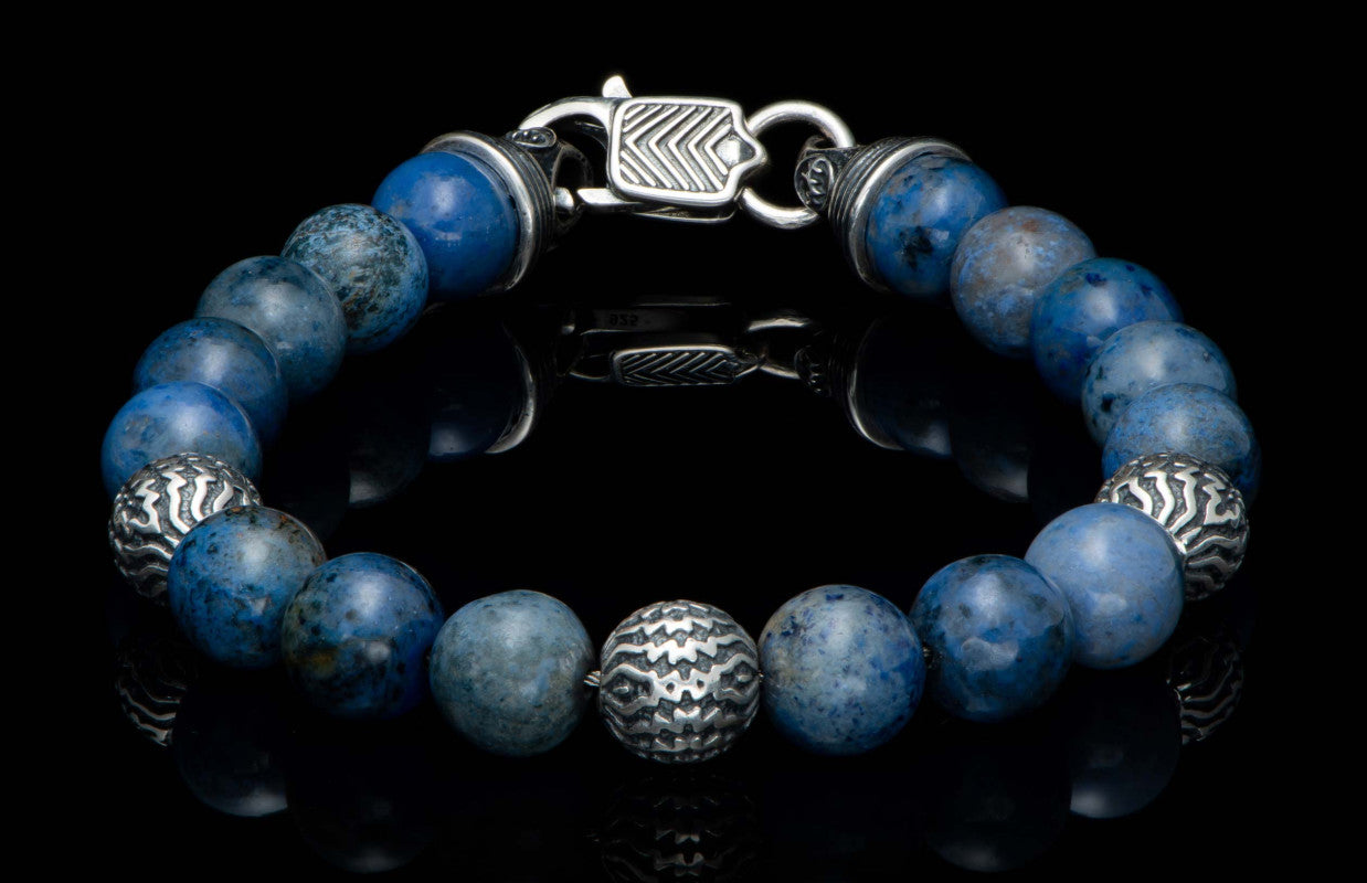 Seaside - Dumortierite, Beaded bracelet with sculpted sterling silver and dumortierite