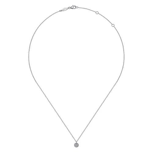 14K White Gold Round Pave Diamond Disc Pendant Necklace