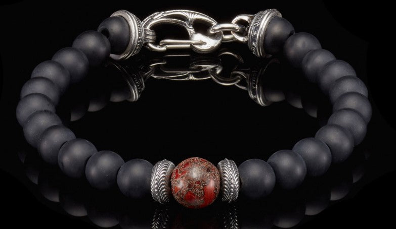 Gentis, Beaded bracelet with Sterling silver, fossil dinosaur bone, and black onyx