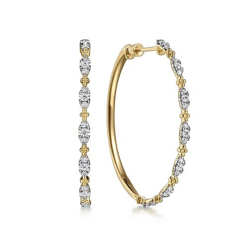 14K Yellow Gold 40mm Diamond Station Intricate Hoop Earrings