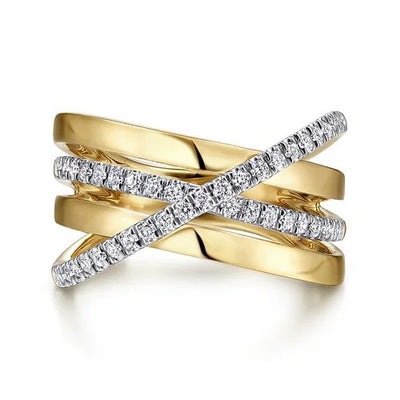 14K White-Yellow Gold Polished Band and Diamond Row Criss Cross Ring