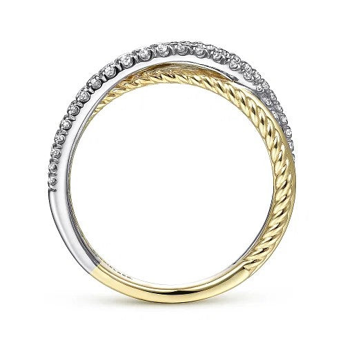 14K White-Yellow Gold Twisted Rope and Diamond Criss Cross Ring