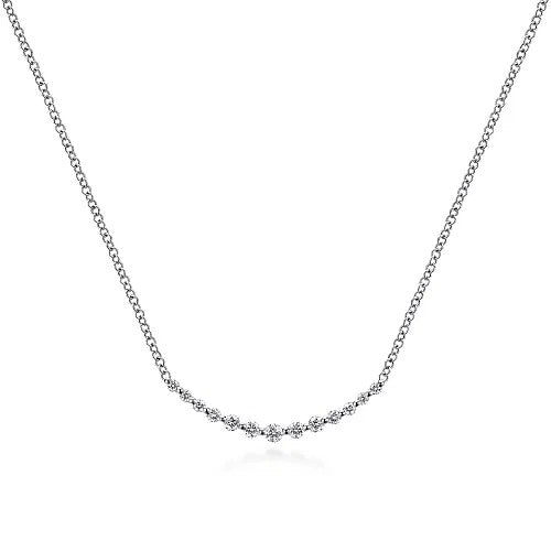 14K White Gold Curved Diamond Bar Necklace