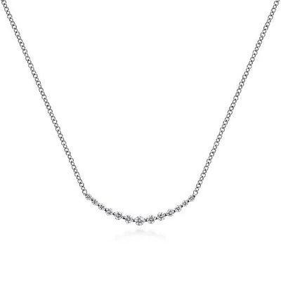 14K White Gold Curved Diamond Bar Necklace