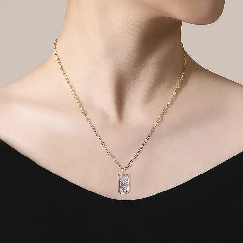 14K Yellow Gold Diamond Pave Dog Tag Pendant Hollow Chain Necklace