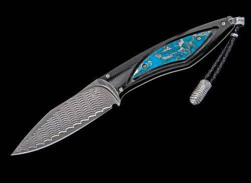 Tucson Fixed-blade carbon fiber knife with kingman turquoise and damascus blade