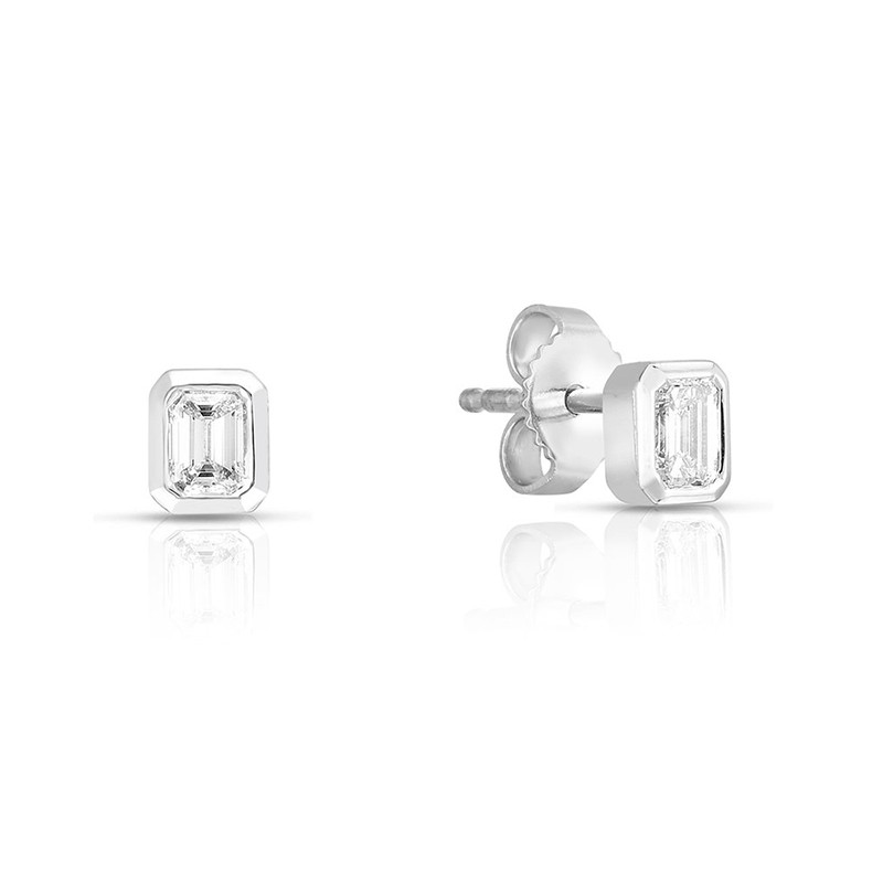 18K white gold bezel set emerald cut diamond stud earrings