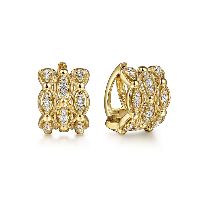 14K Yellow Gold Bujukan Multi Row Diamond Huggie Earrings