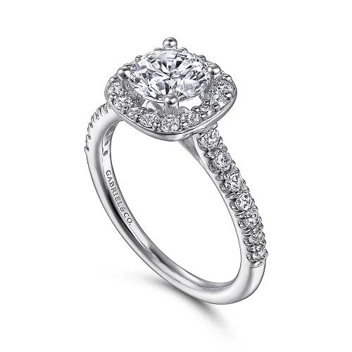 14K White Gold Cushion Halo Round Diamond Engagement Ring