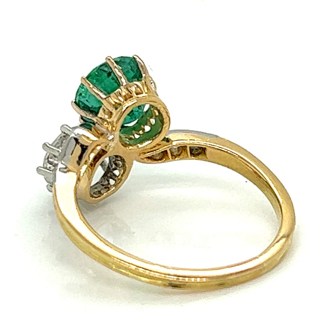 Victorian 18kt Yellow Gold and Platinum Bypass Ring with Round Diamonds and Round Emeralds