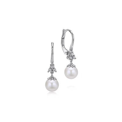 14K White Gold Cultured Pearl Diamond Drop Earrings