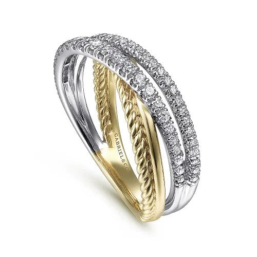 14K White-Yellow Gold Twisted Rope and Diamond Criss Cross Ring