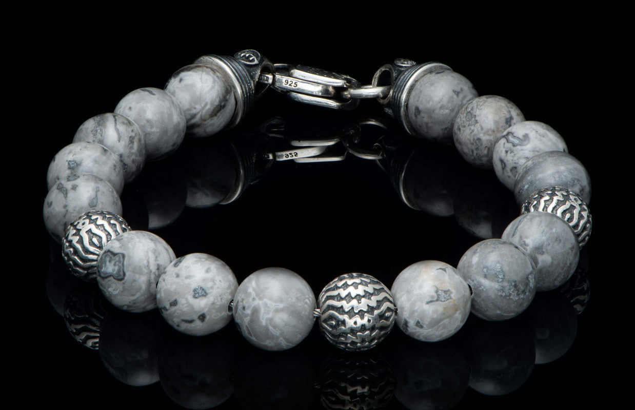 Seaside - Silver Agate, Beaded bracelet with sculpted sterling silver and Silver lace agate