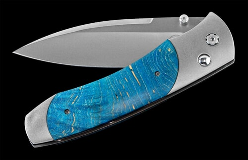 Titanium pocketknife with stainless blade and dyed blue maple burl wood