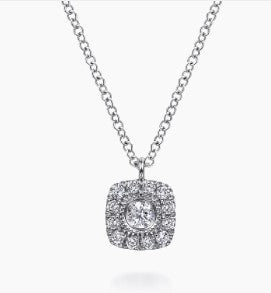 14K White Gold Round Diamond Cushion Halo Pendant Necklace