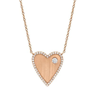 14K Yellow Gold Diamond Halo Satin Heart Necklace