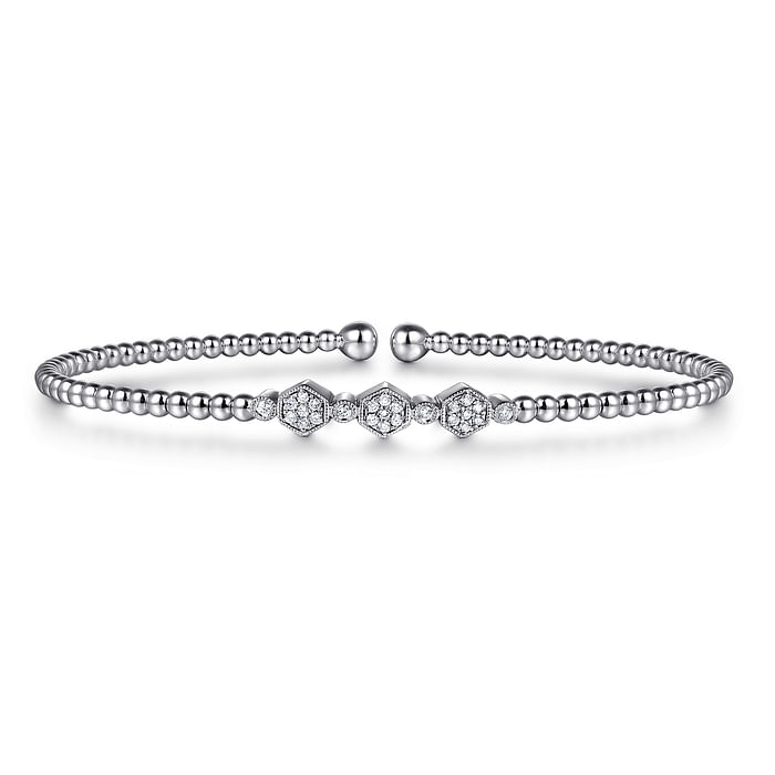 14K White Gold Bujukan Bead and Hexagon Cluster Diamond Bangle