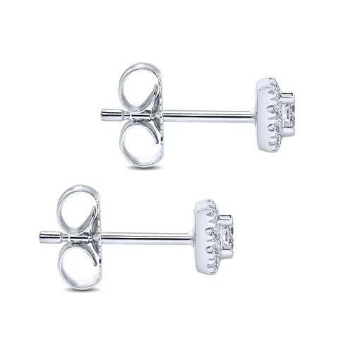 14K White Gold Cushion Halo Round Diamond Stud Earrings