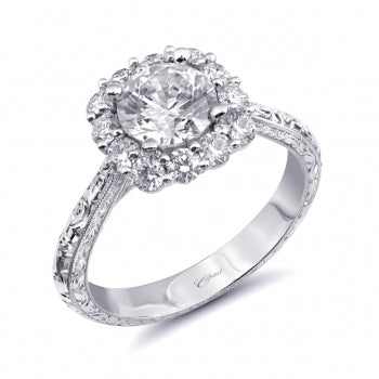 14K White Gold Diamond Halo Semi Mount Engagement Ring with Milgrain and Engraved Shank