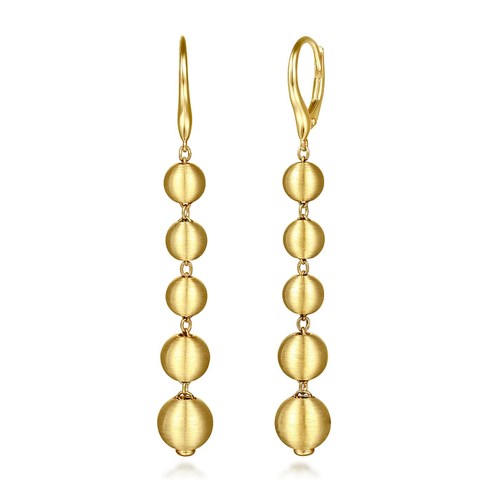 14K Yellow Gold Graduating Bujukan Beads Leverback Drop Earrings