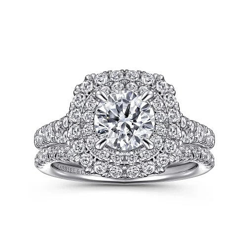 Lexie - 14k White Gold Cushion Double Halo Round Diamond Engagement Ring