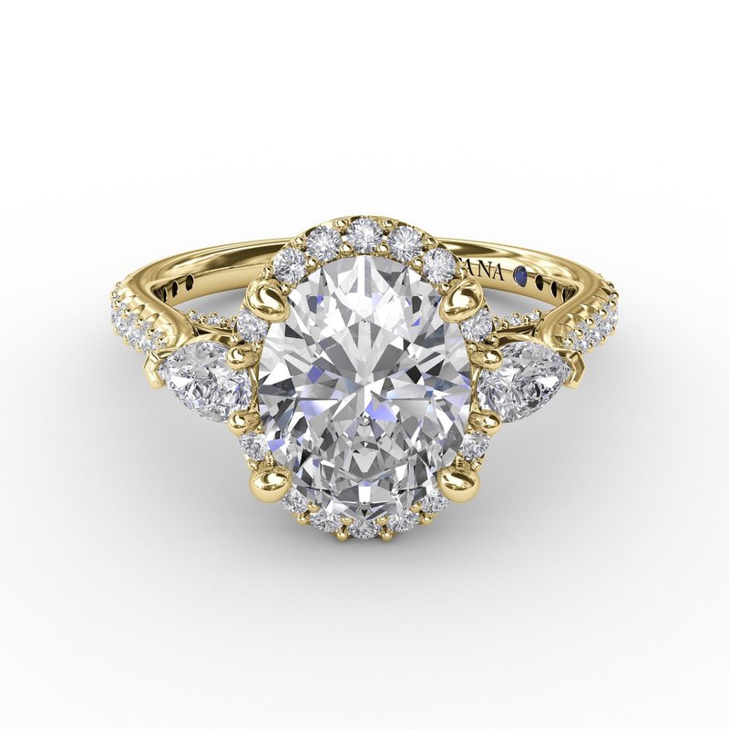 Oval Diamond Halo Engagement Ring With Pear-Shape Diamond Side Stones