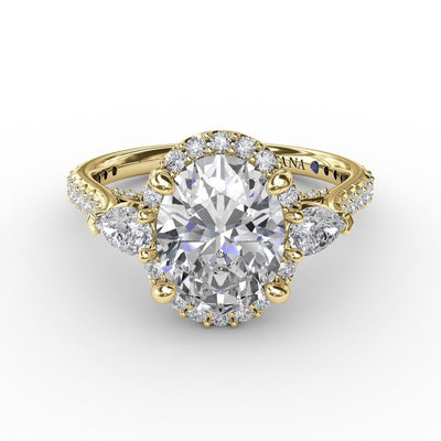 Oval Diamond Halo Engagement Ring With Pear-Shape Diamond Side Stones