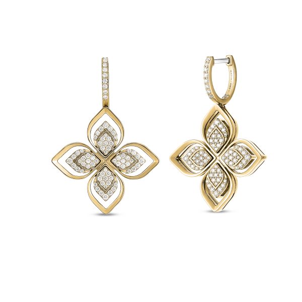 18K YELLOW GOLD VENETIAN PRINCESS PAVE OPEN FRAME DIAMOND FLOWER EARRINGS