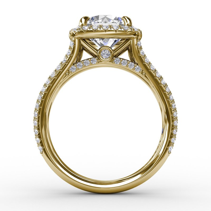 Round Diamond Engagement Ring With Cushion-Shaped Halo and Triple-Row Diamond Band